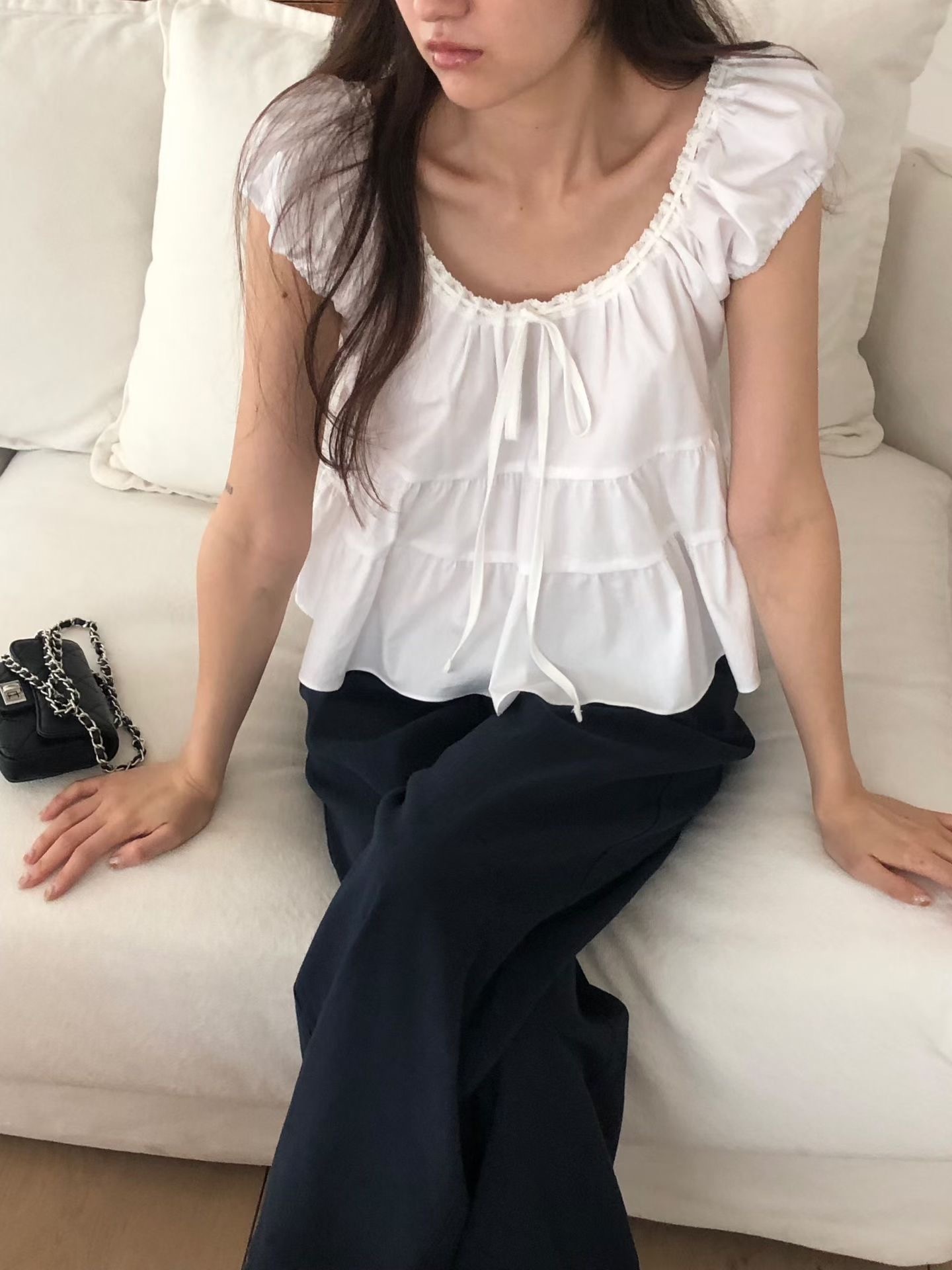 圓領公主鬆緊袖微傘上衣