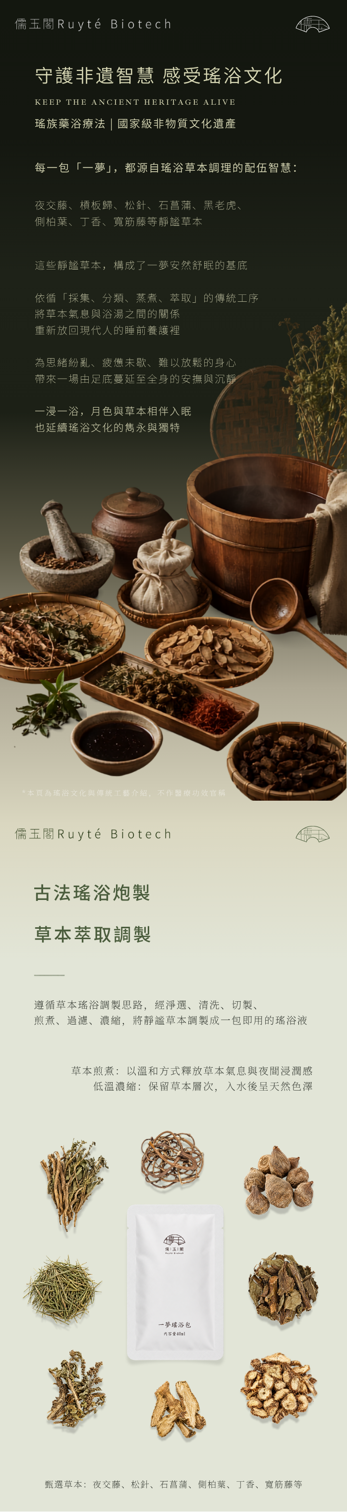 儒玉閣一夢瑤浴包瑤浴文化與草本萃取製程，呈現傳統草本、古法泡製及40ml獨立內袋