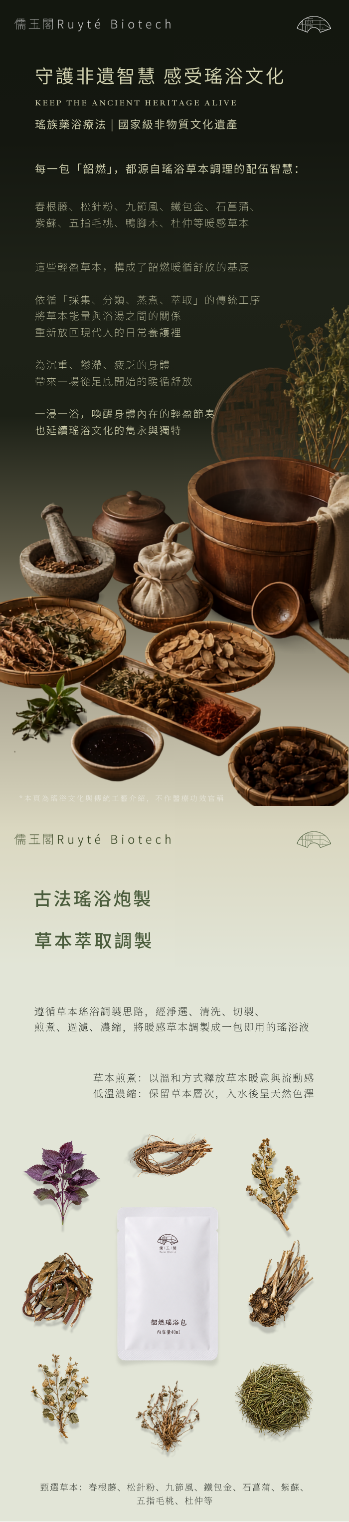 儒玉閣韶燃瑤浴包瑤浴文化與草本萃取製程,呈現傳統草本、古法泡製及40ml獨立內袋
