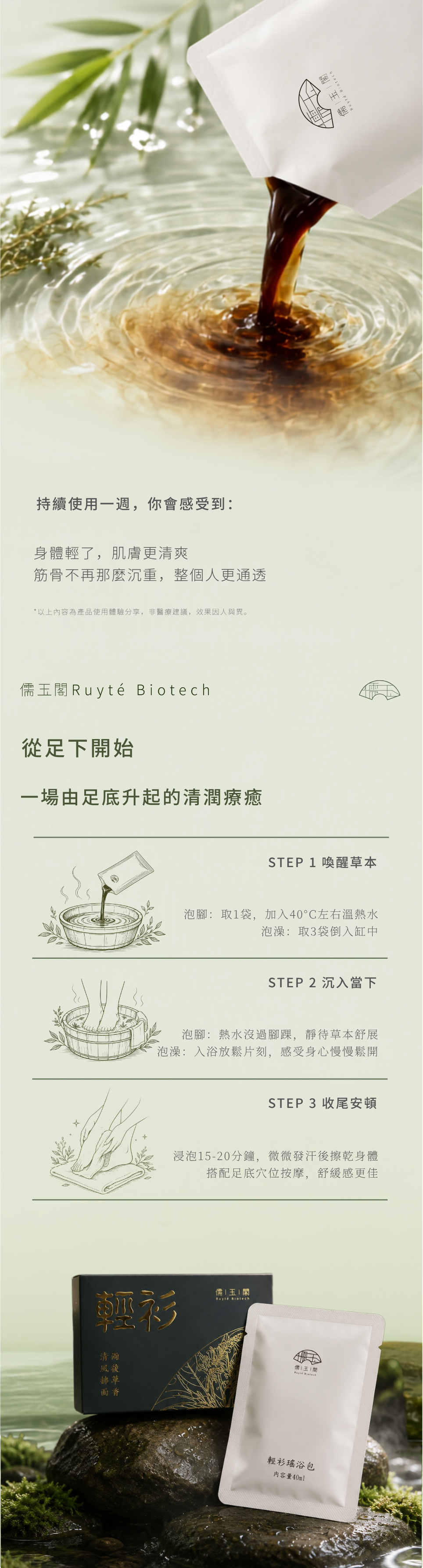 儒玉閣輕衫瑤浴包草本濃縮原液倒入溫熱水中,並說明泡腳與泡澡的三步驟使用方式
