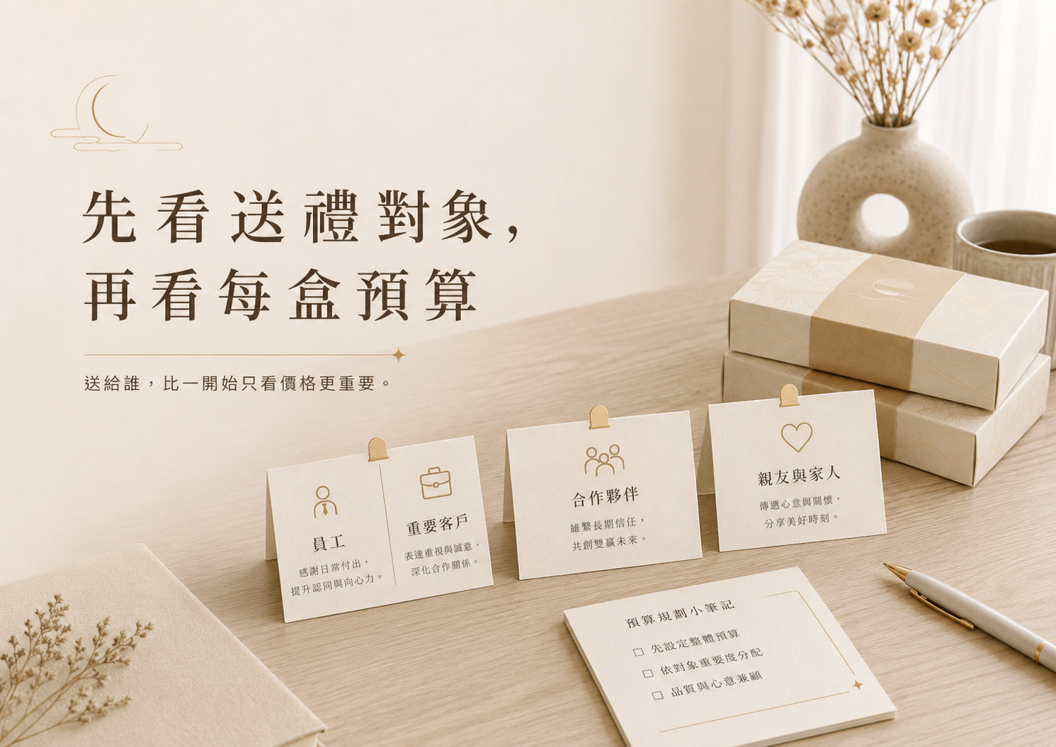 如果一開始只看價格,很容易進入不同品牌之間的價格比較,卻忽略了禮盒是否符合送禮對象。 比較合適的選購順序是: 送禮對象 → 送禮目的 → 商品特色 → 每盒預算