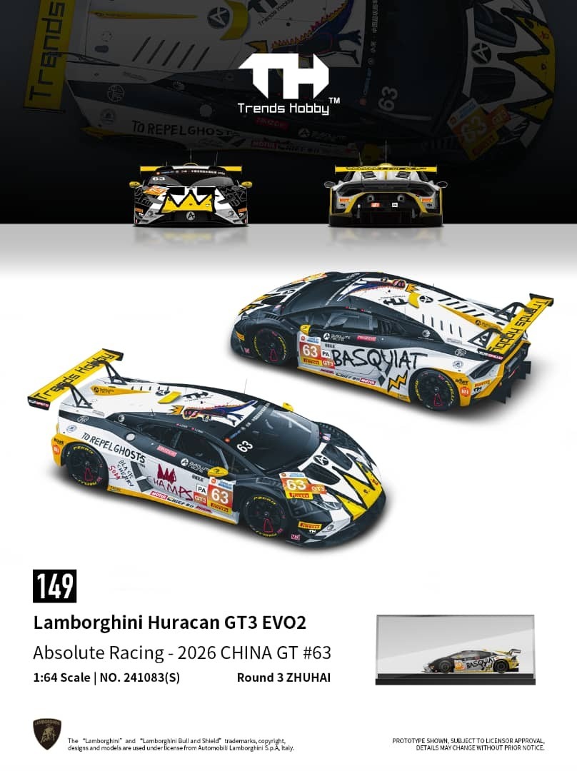 PO-$159 * TRENDS HOBBY * 1:64 LAMBORGHINI HURACAN GT3 EVO2 NO.63 ABSOLUTE RACING-2026 CHINA GT