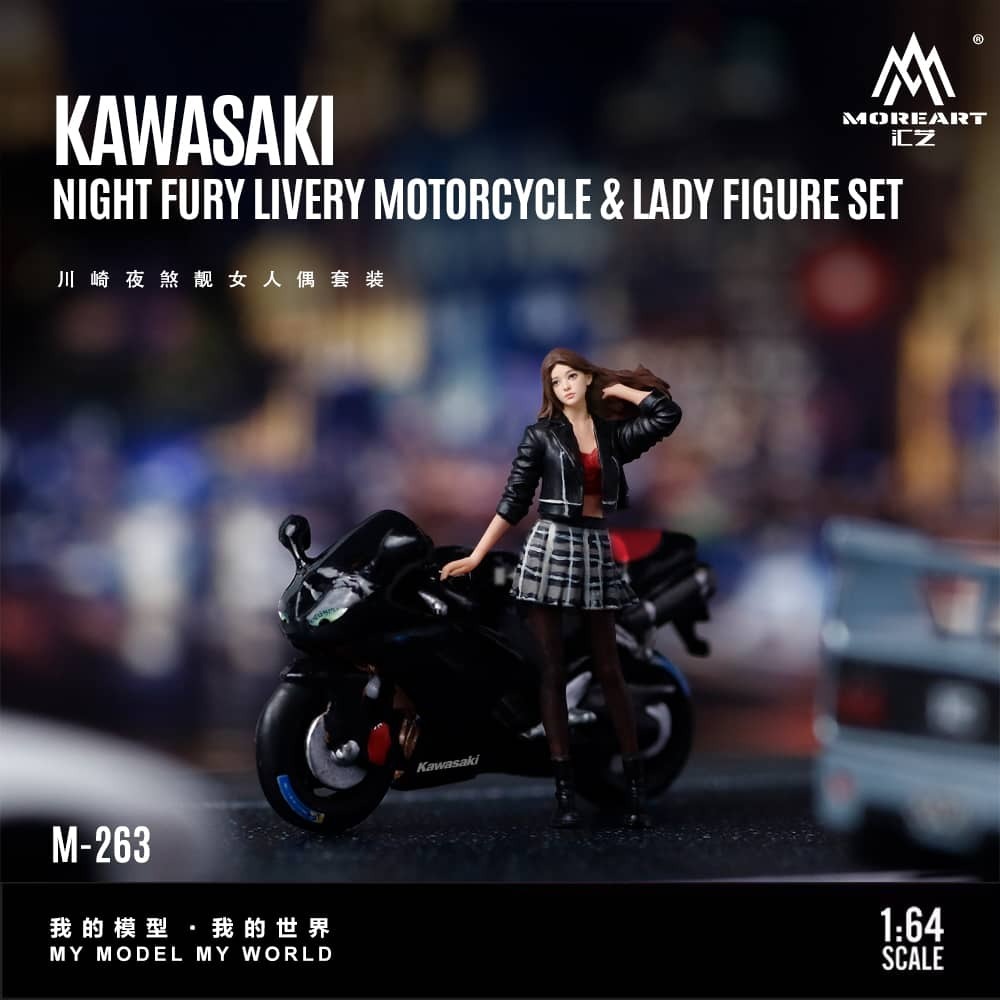 PO-$150 * MOREART * 1:43 FIGURE - KAWASAKI NIGHT FURY LIVERY MOTORCYCLE & LADY FIGURE SET