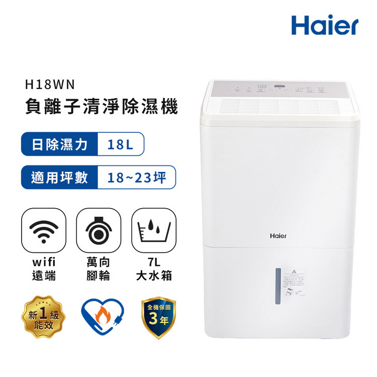 【Haier 海爾】18公升 一級能效 負離子清淨除濕機 H18WN