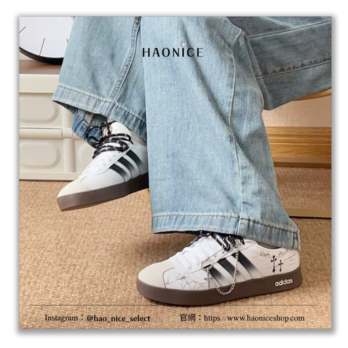【HAO NICE】國外限定款🎨adidas VL Court 2.0⚡️暗黑蜘蛛網 十字架塗鴉 歌德風 黑白板鞋 德訓鞋