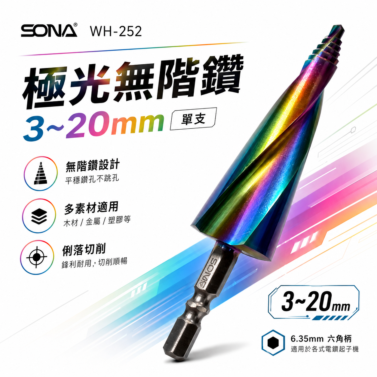旺鴻 SONA｜極光無階鑽｜3-20mm 六角柄階梯鑽 M2 六角軸階梯鑽頭 寶塔鑽 擴孔鑽 薄板鑽尾 金屬木材塑膠｜WH-252