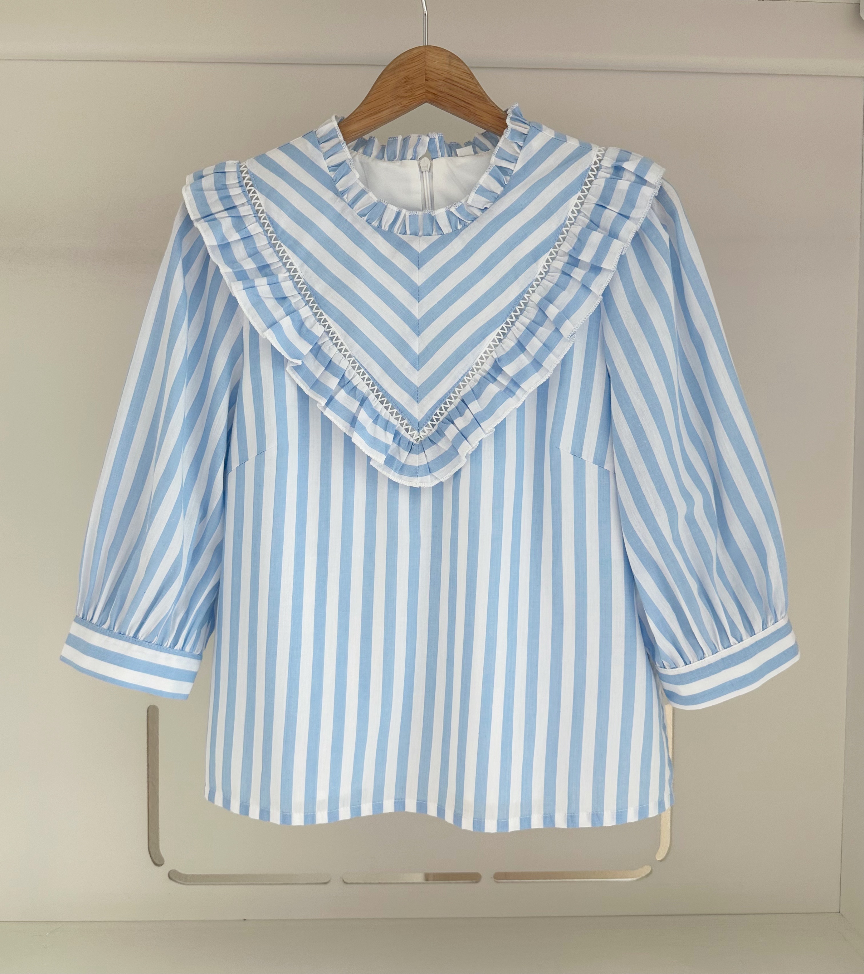 MID SLEEVE FRILLS STRIPED BLOUSE