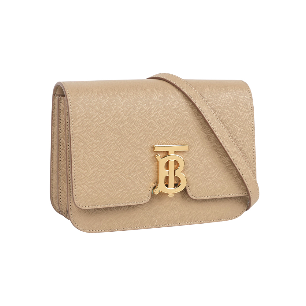 【Burberry】TB Logo 金釦顆粒小牛皮斜背包(小款)(燕麥色)
