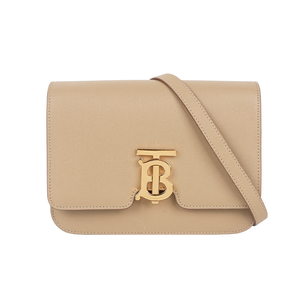 【Burberry】TB Logo 金釦顆粒小牛皮斜背包(小款)(燕麥色)