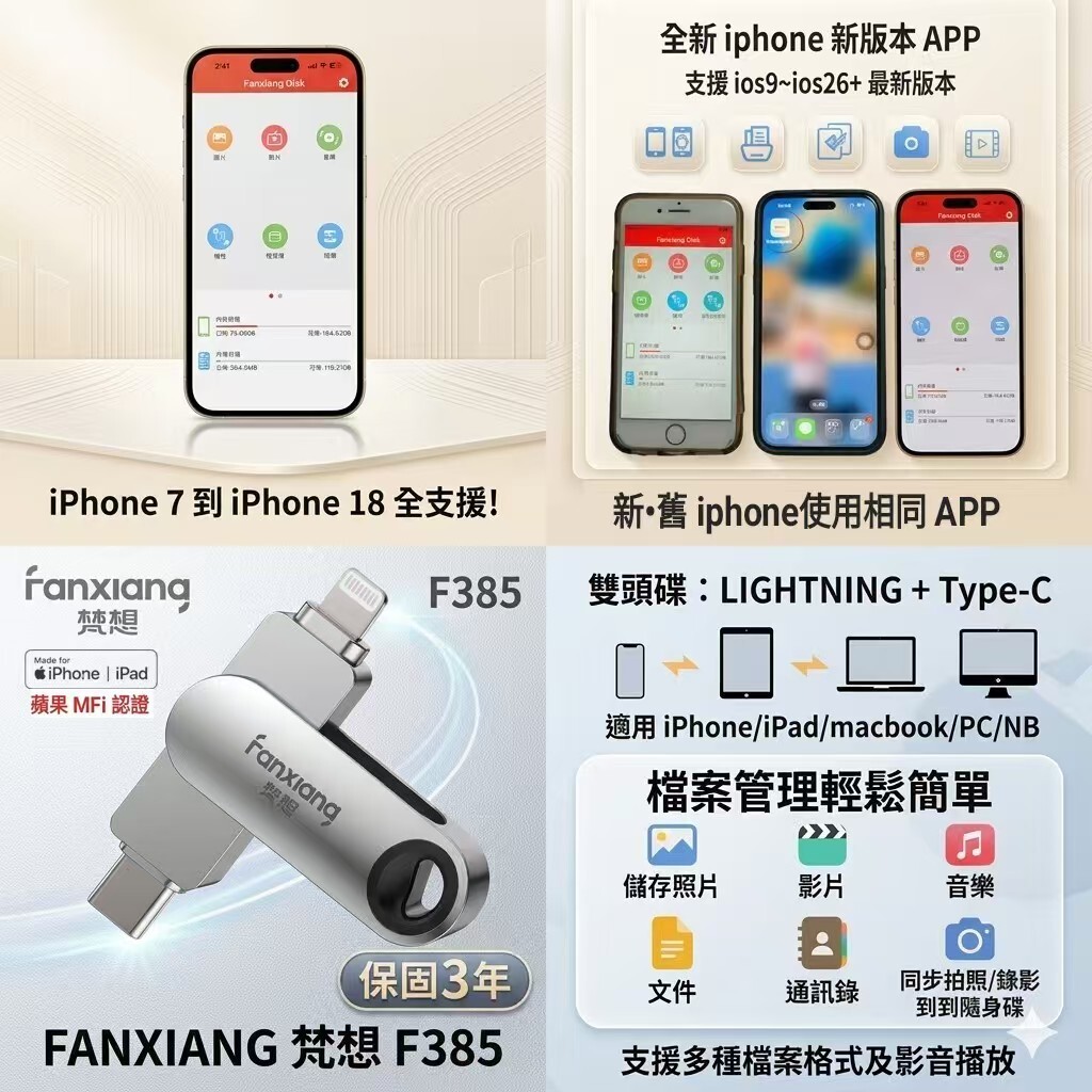 FANXIANG梵想F385 iPhone隨身碟Lightning+TypeC雙頭都可以使用相同APP介面保固3年支援iphone7~18
