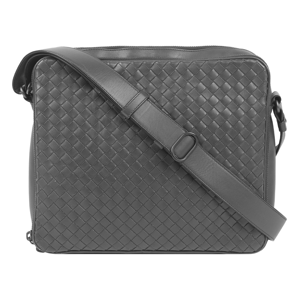 【Bottega Veneta】皮革編織雙拉鍊方形斜背包(灰色)