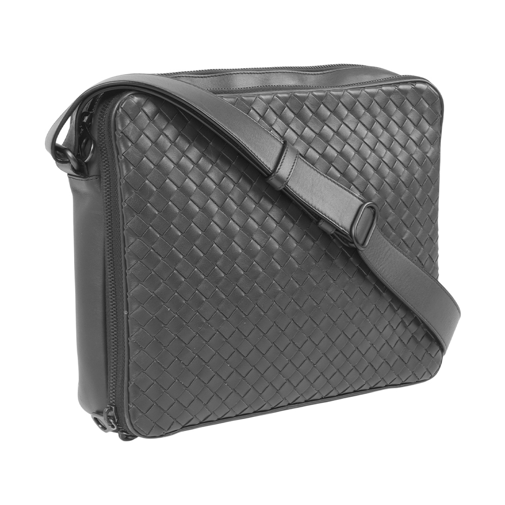 【Bottega Veneta】皮革編織雙拉鍊方形斜背包(灰色)
