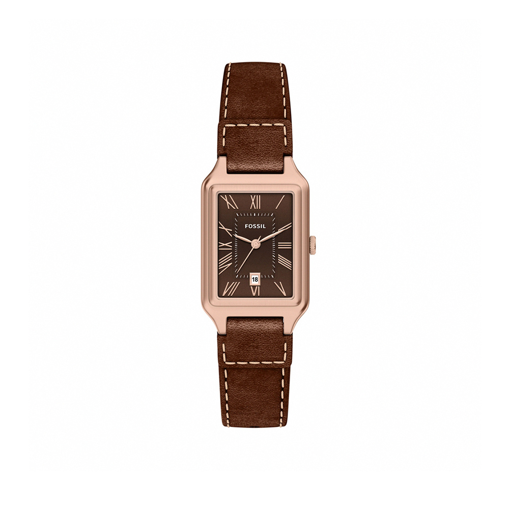 Raquel 經典雅緻純銀方形清透白不鏽鋼鍊帶女錶 咖啡色真皮錶帶 23 MM ES5503