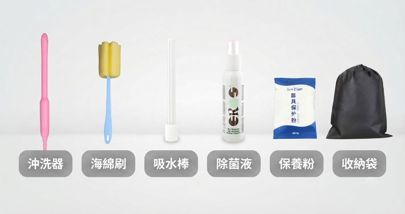 名器清洗工具:清洗器、海棉棒、吸水棒、除菌液、保養粉、收納袋