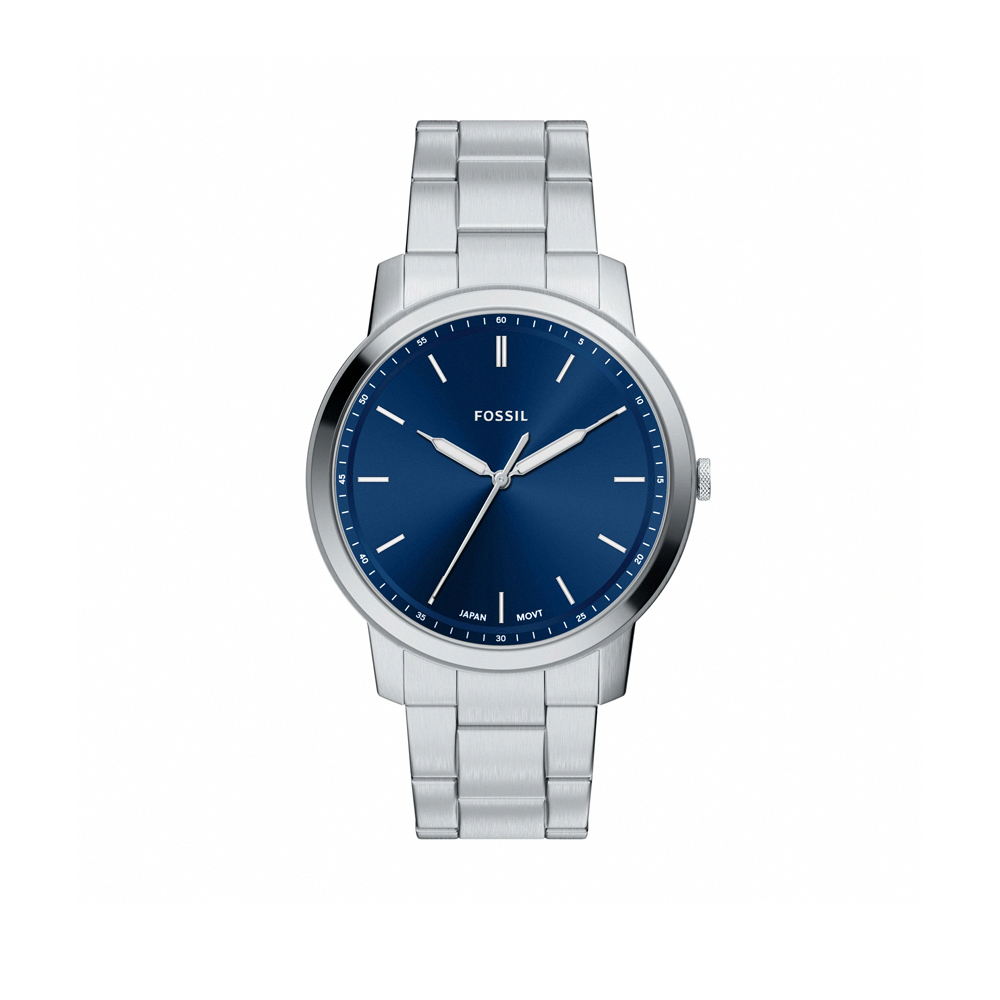 Minimalist 經典圓形銀殼深藍面不鏽鋼鍊帶錶 銀色不鏽鋼錶帶 44 MM FS6180