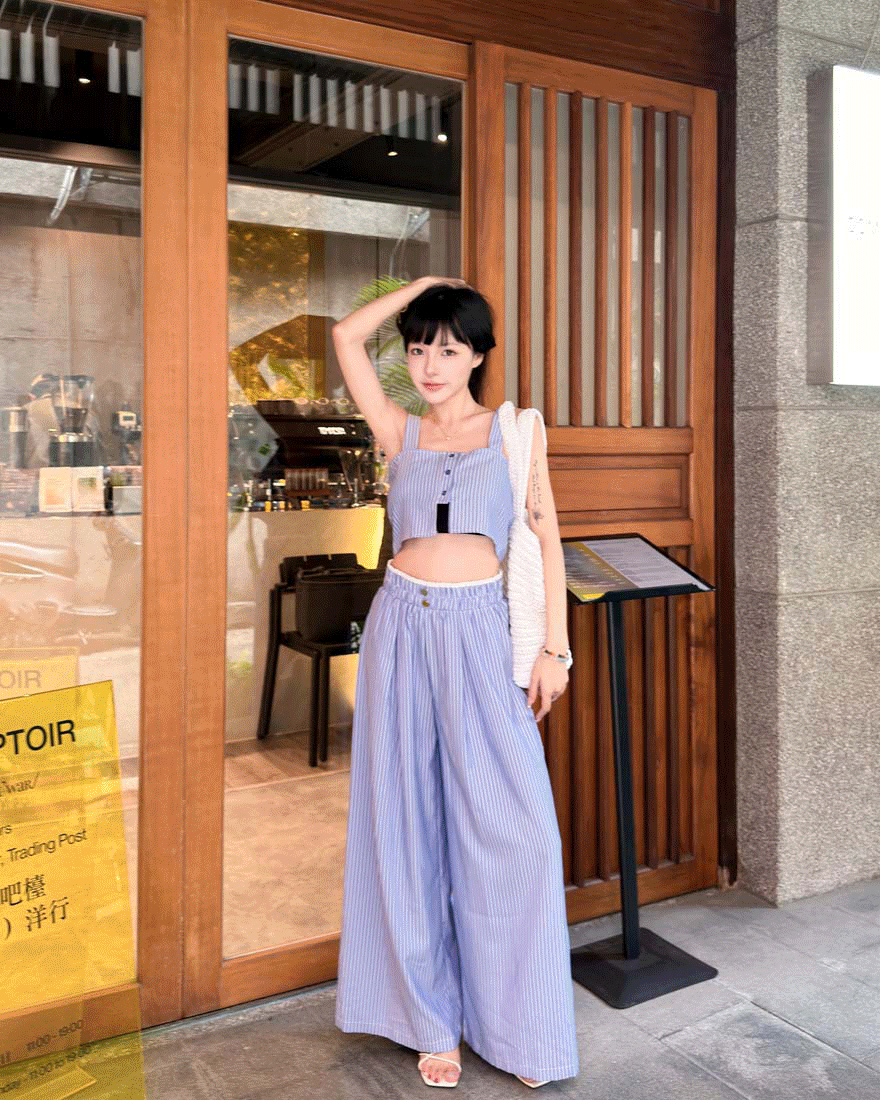 LINA LINA時尚箴言撞色條紋上衣長褲兩件組-藍X白