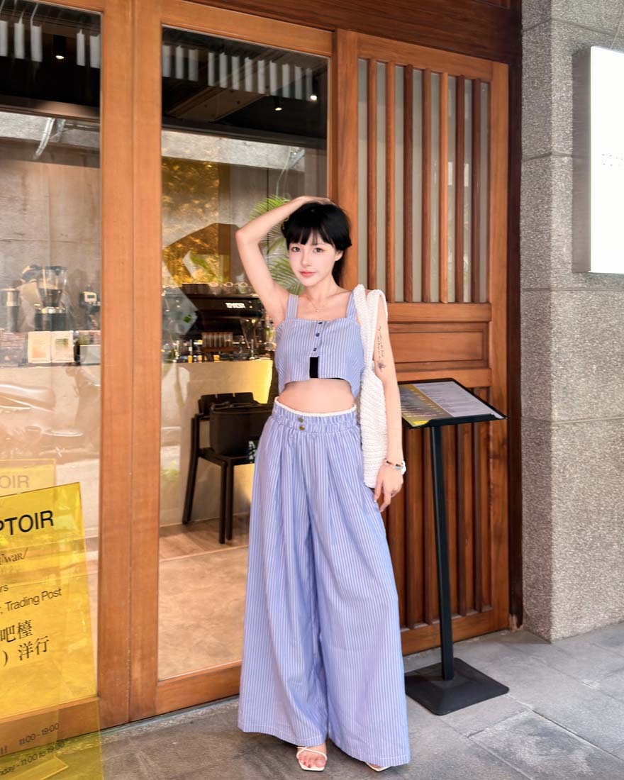 LINA LINA時尚箴言撞色條紋上衣長褲兩件組-藍X白