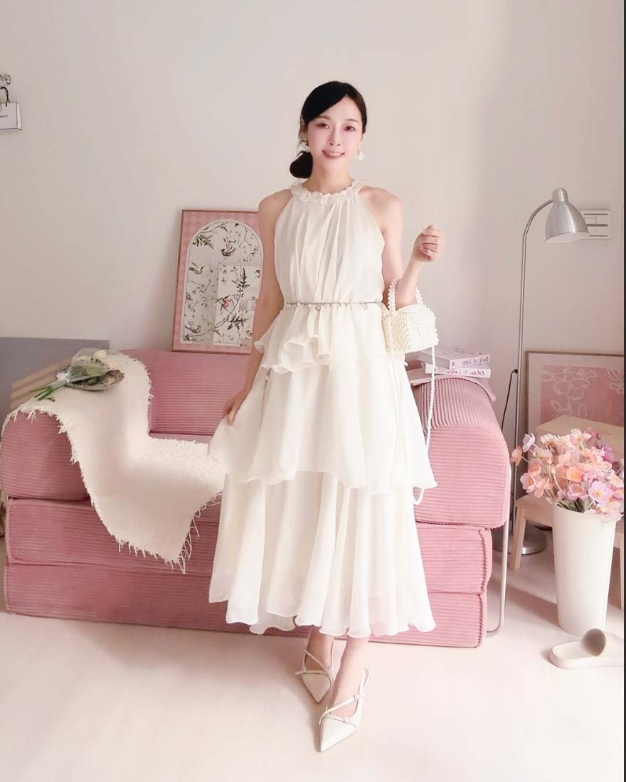 LINA LINA翩然浪漫壓褶滾邊削肩蛋糕裙擺洋裝-氣質杏