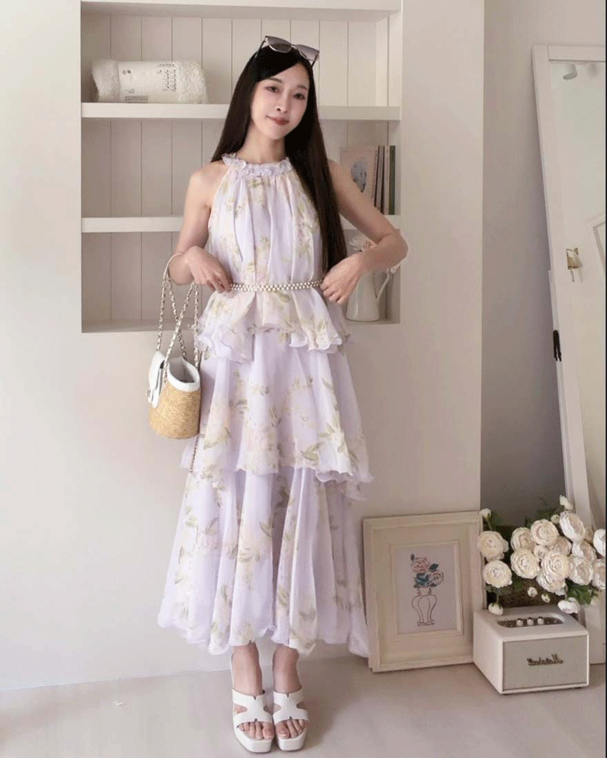 LINA LINA翩然浪漫壓褶滾邊削肩蛋糕裙擺洋裝-柔美紫