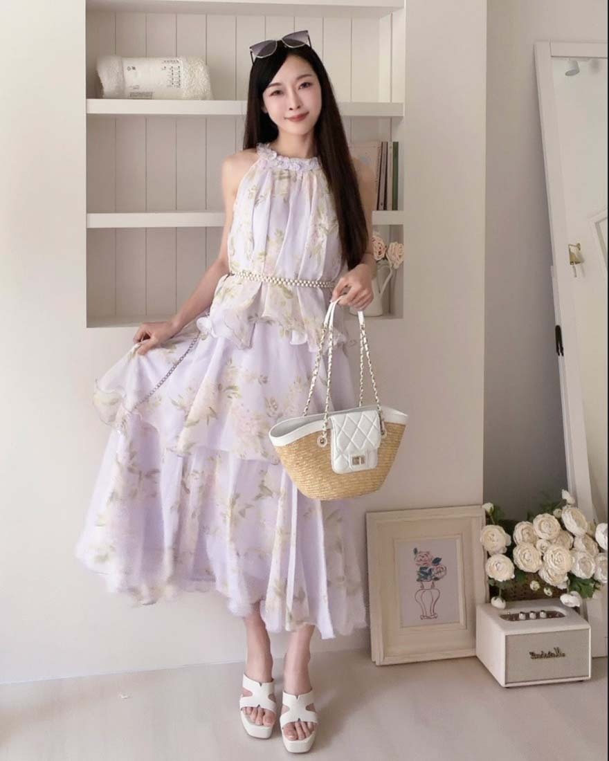LINA LINA翩然浪漫壓褶滾邊削肩蛋糕裙擺洋裝-柔美紫