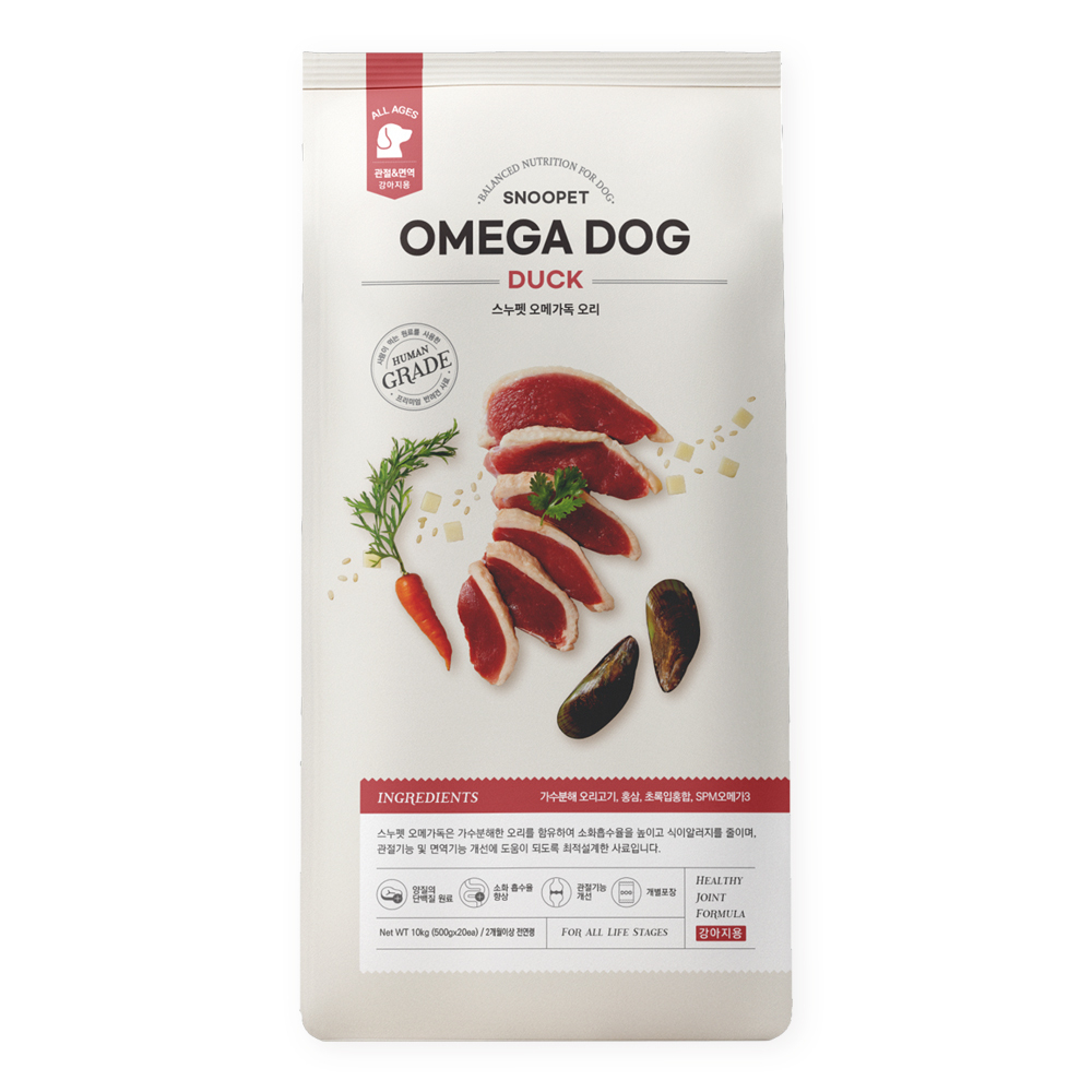 SNOOPET Omega Dog 鴨肉、紅蔘、SPM奧米加3 (水解低敏 關節及免疫配方) 全年齡犬狗糧 10kg