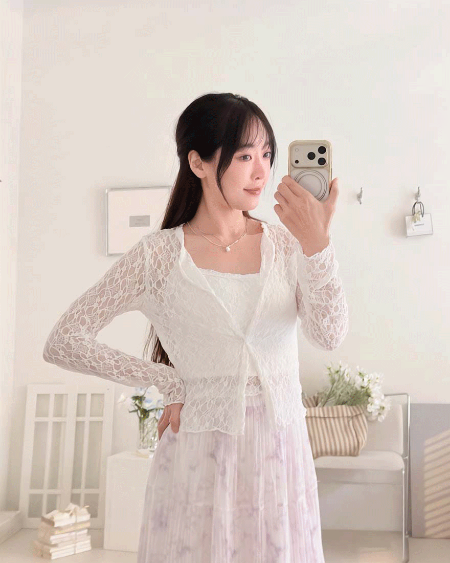 LINA LINA心動邂逅滿版蕾絲外套背心兩件組-優美白