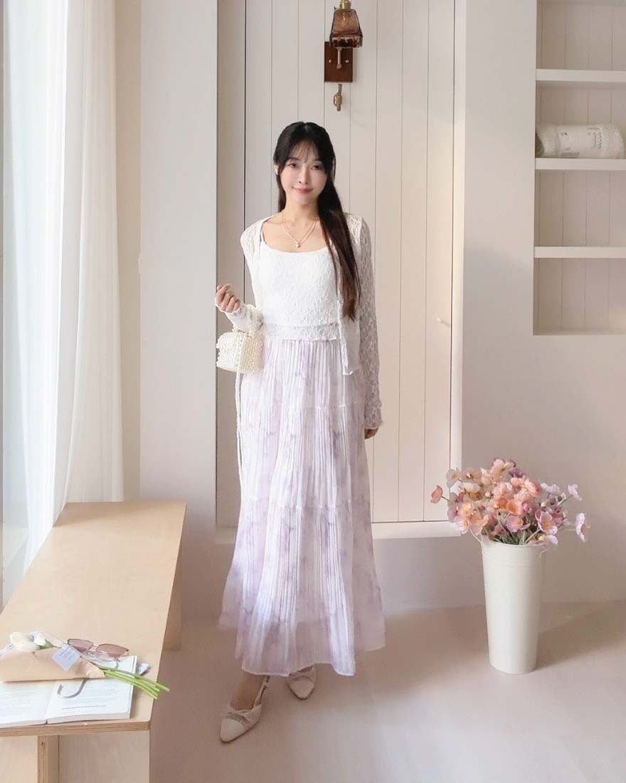 LINA LINA心動邂逅滿版蕾絲外套背心兩件組-優美白
