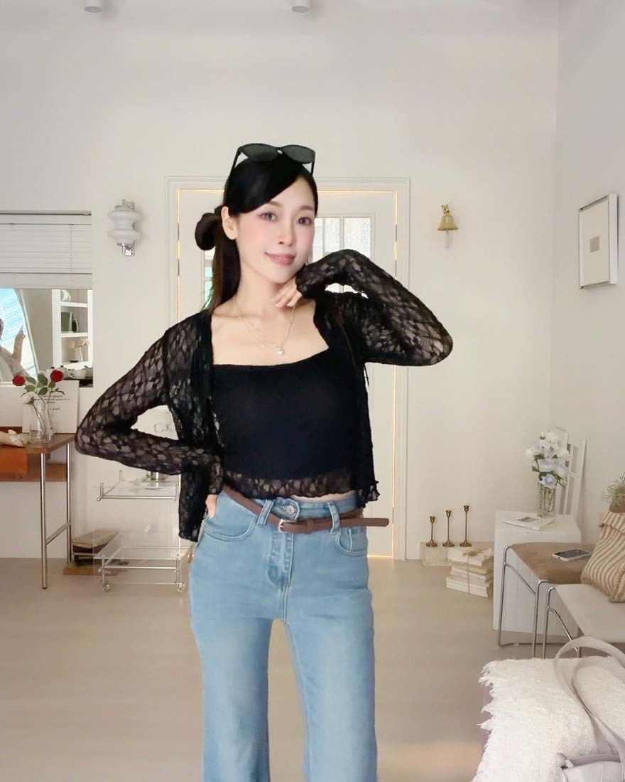 LINA LINA心動邂逅滿版蕾絲外套背心兩件組-高貴黑