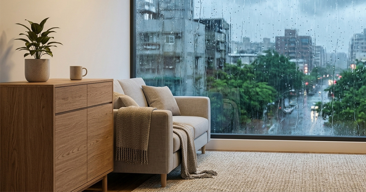 下雨天雨滴打在窗戶上,室內客廳擺放著木紋櫃子、布質沙發及地毯,呈現台灣潮濕的氣候環境