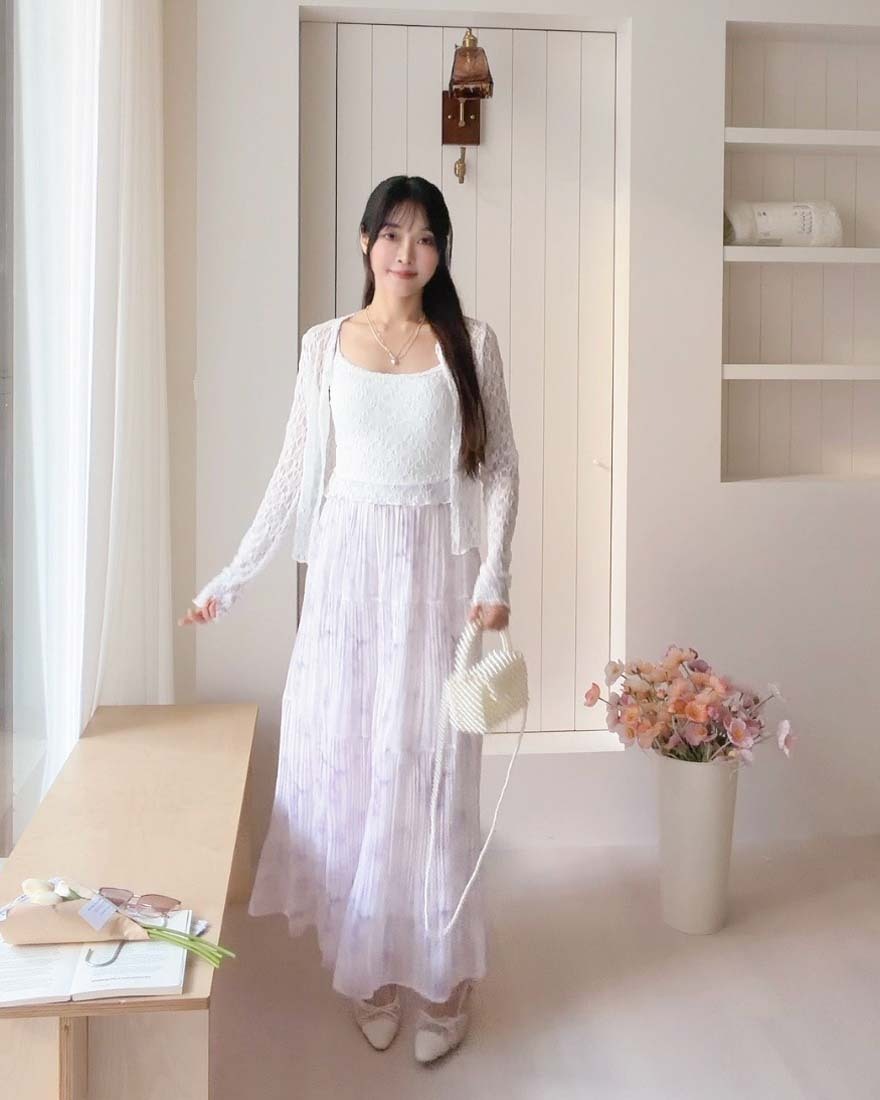 LINA LINA微醺紫調緞帶滾邊細百摺暈染長裙-浪漫紫
