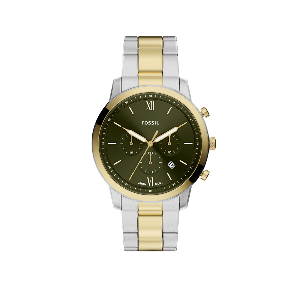 Neutra 綠面雙色不鏽鋼三眼計時錶 金銀色不鏽鋼錶帶 44 MM FS6189