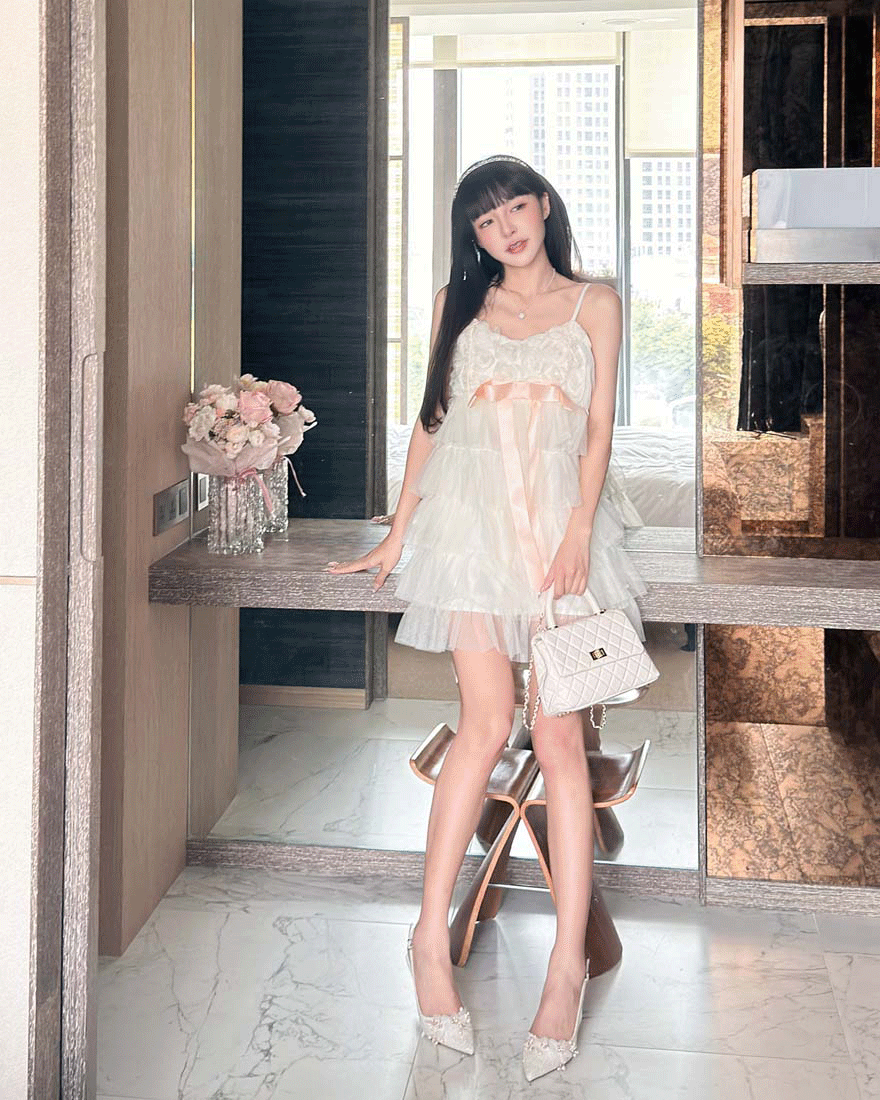 LINA LINA仙氣花嫁玫瑰層次網紗蝴蝶結洋裝-奶油杏M/L