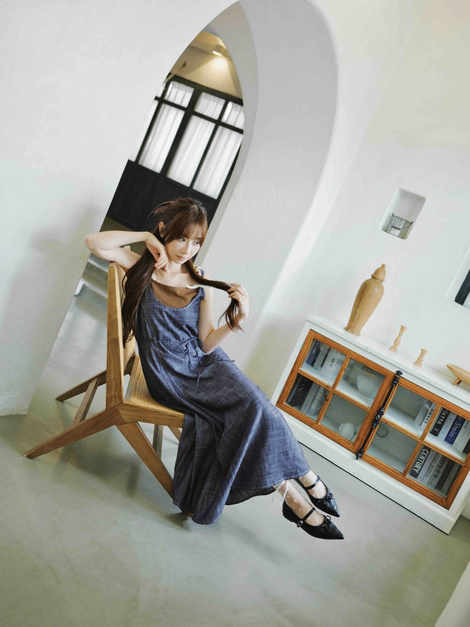兩色 / 仿麻質圓領明線連身裙 / Slub Texture Topstitching Scoop-Neck Dress