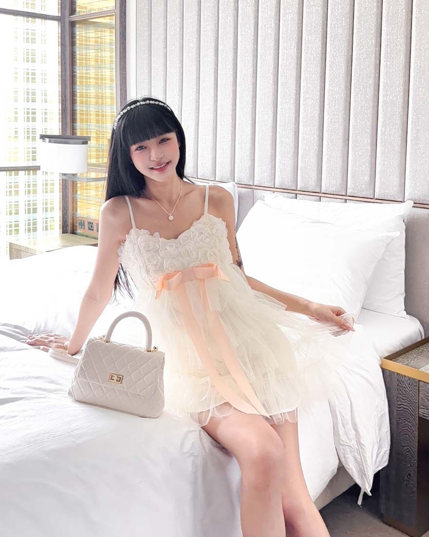 LINA LINA仙氣花嫁玫瑰層次網紗蝴蝶結洋裝-奶油杏M/L