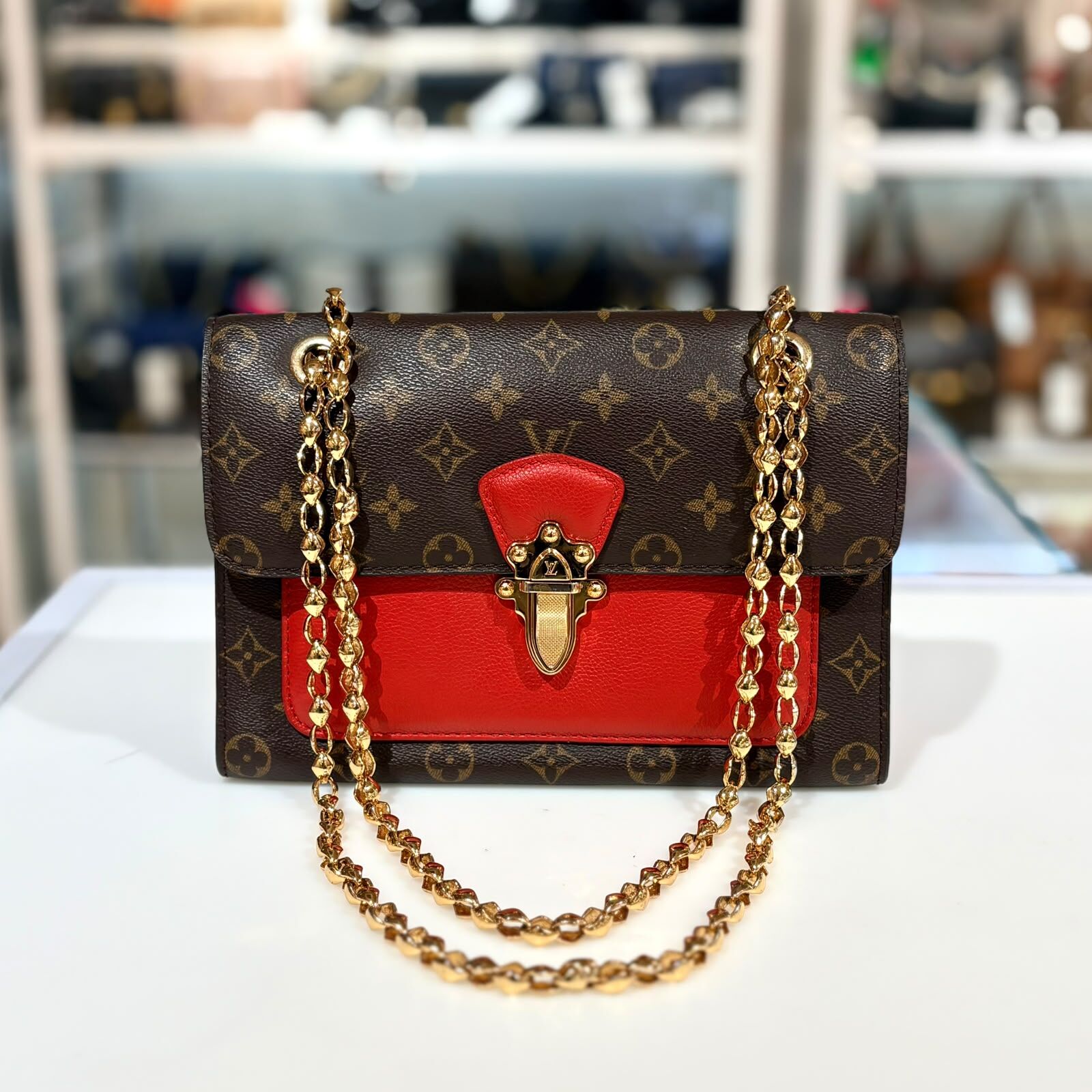 98%NEW二手LV 斜背包/單肩包 M41731 Monogram Victoire 啡色帆布拼紅色牛皮 #香榭站正品