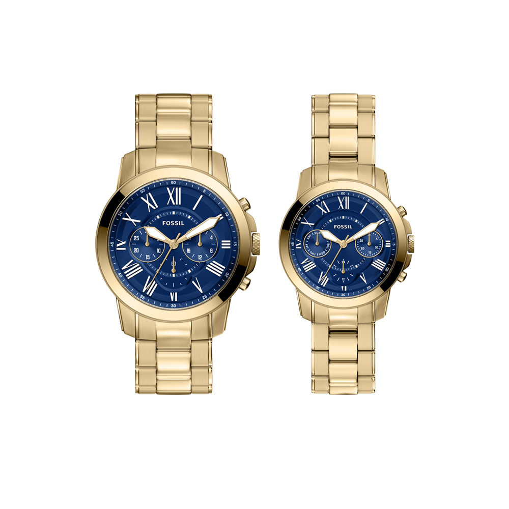 Grant 經典圓形金殼藍面羅馬字三眼對錶禮盒組 金色不鏽鋼錶帶 42 MM FS6200SET