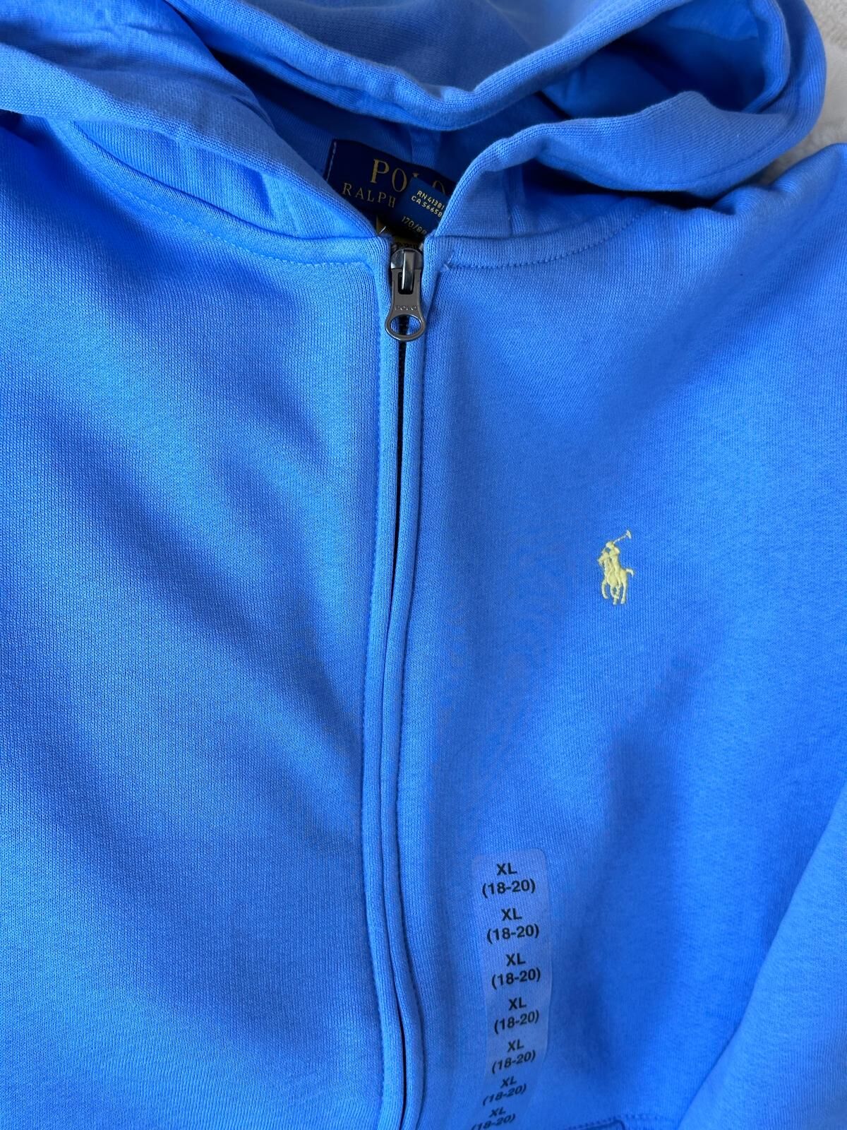 UQ22 Polo RL 男童 藍色有帽抓毛拉鏈外套 (黃色馬仔)  (XL=約 胸40", 長 25")