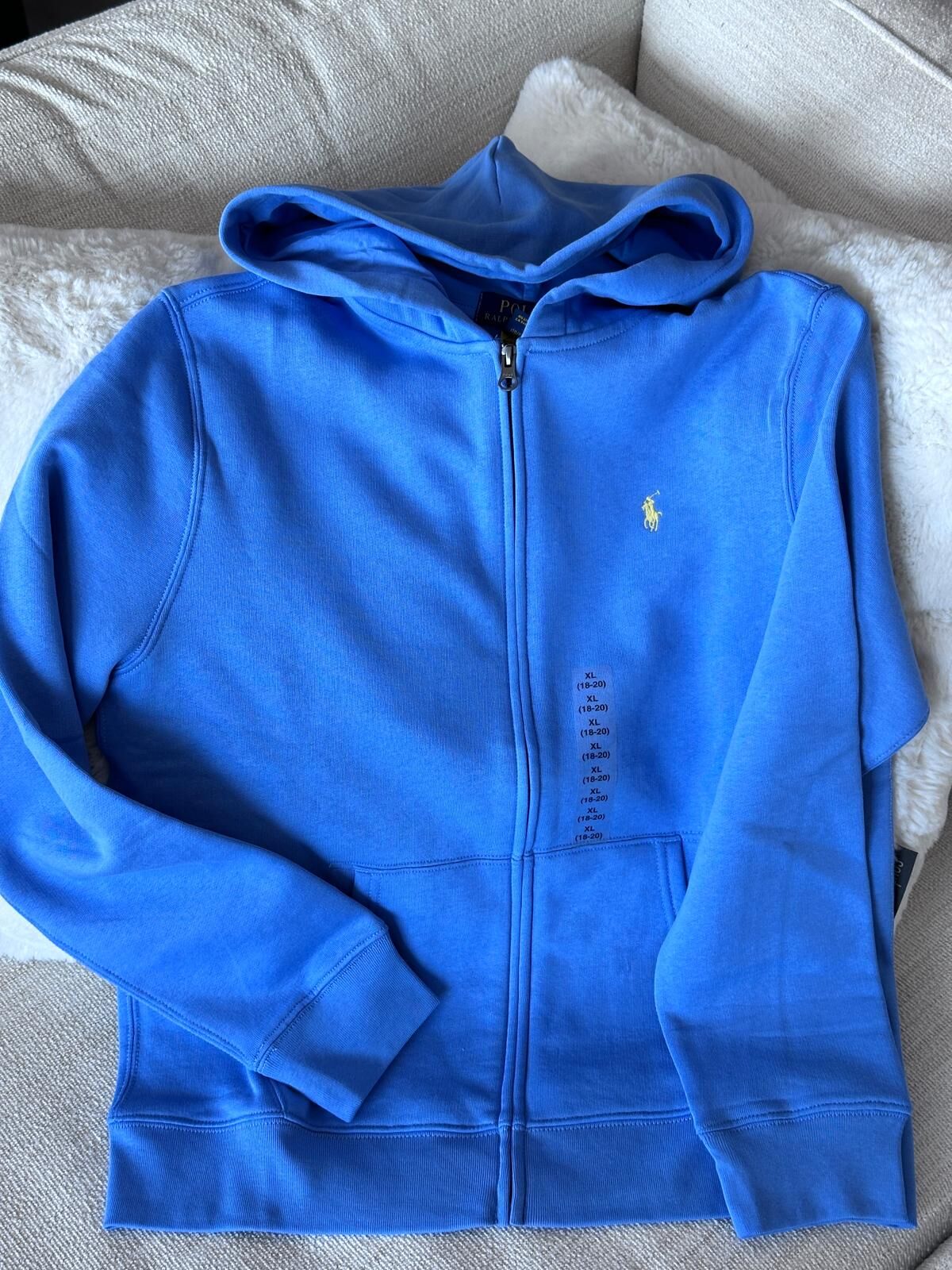 UQ22 Polo RL 男童 藍色有帽抓毛拉鏈外套 (黃色馬仔)  (XL=約 胸40", 長 25")