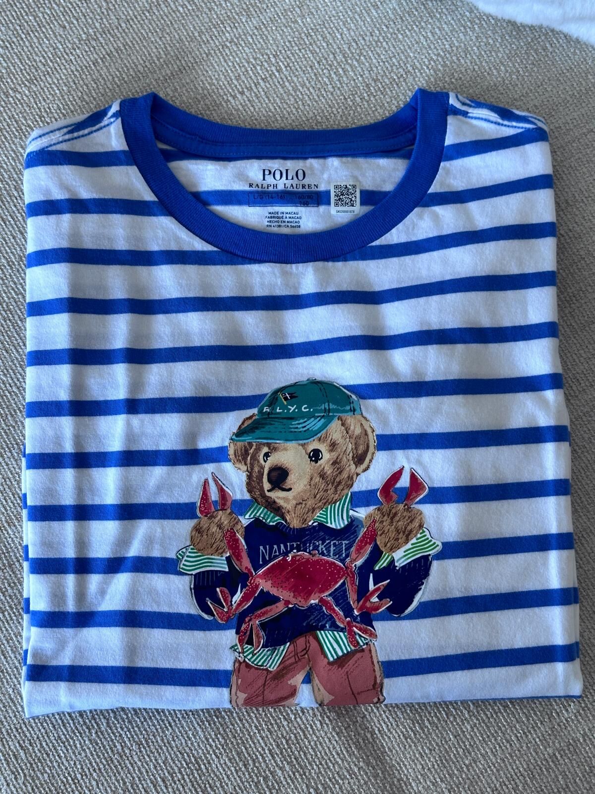 UQ24 Polo RL 男童 藍白間條Polo Bear短袖衫 (長腳蟹熊仔)   (L=約 胸36", 長24.5")