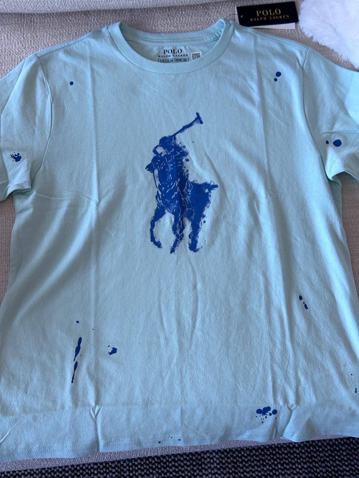 UQ28 Polo RL 男童  藍色大馬仔logo潑墨薄荷綠色短袖衫  (XL=約 胸39", 長27")
