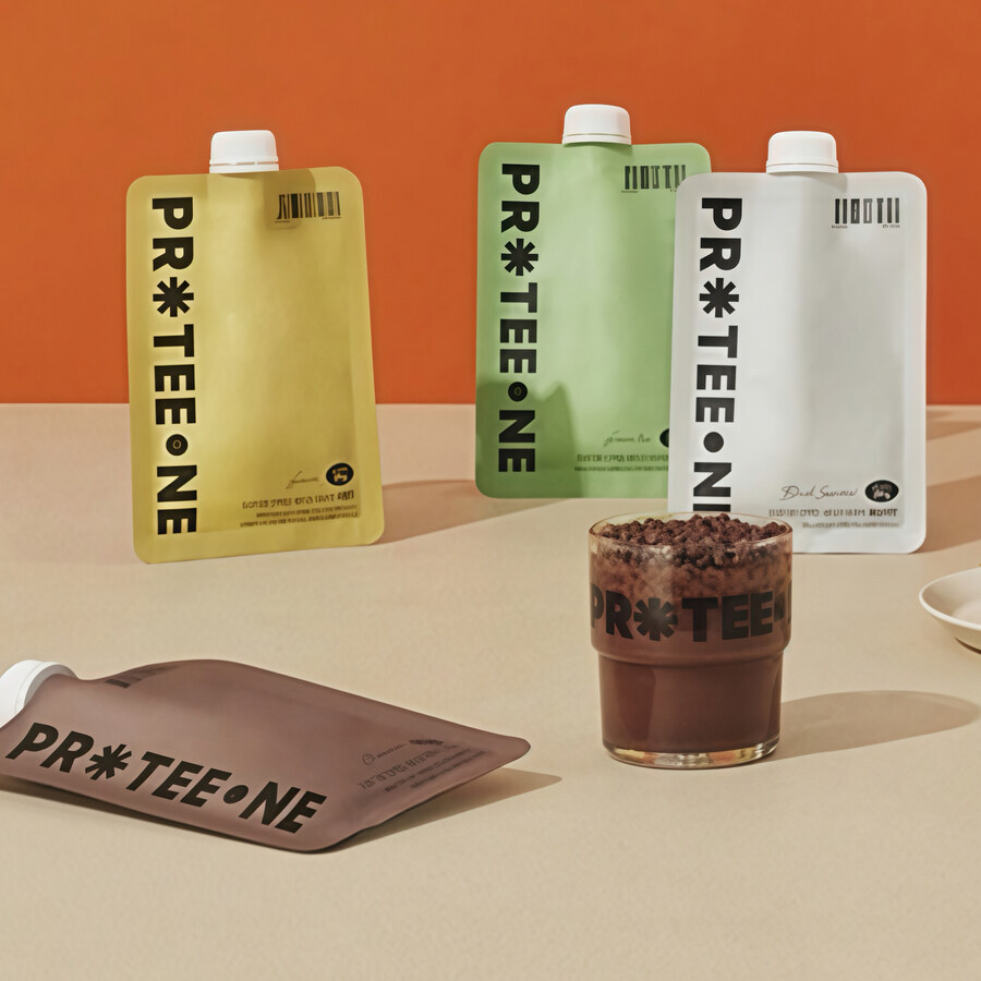 PROTEEONE 袋裝代餐多款口味排開，橙色背景配朱古力味沖泡飲品