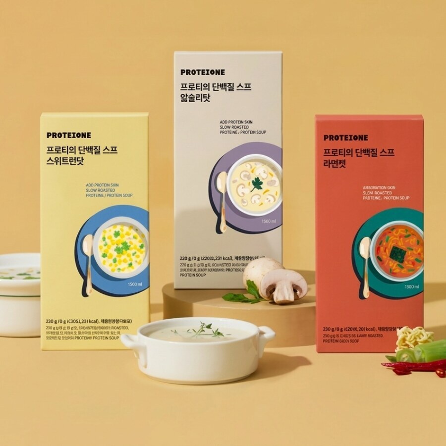 PROTEEONE 高蛋白濃湯三款口味紙盒並排，黃色背景配湯碗