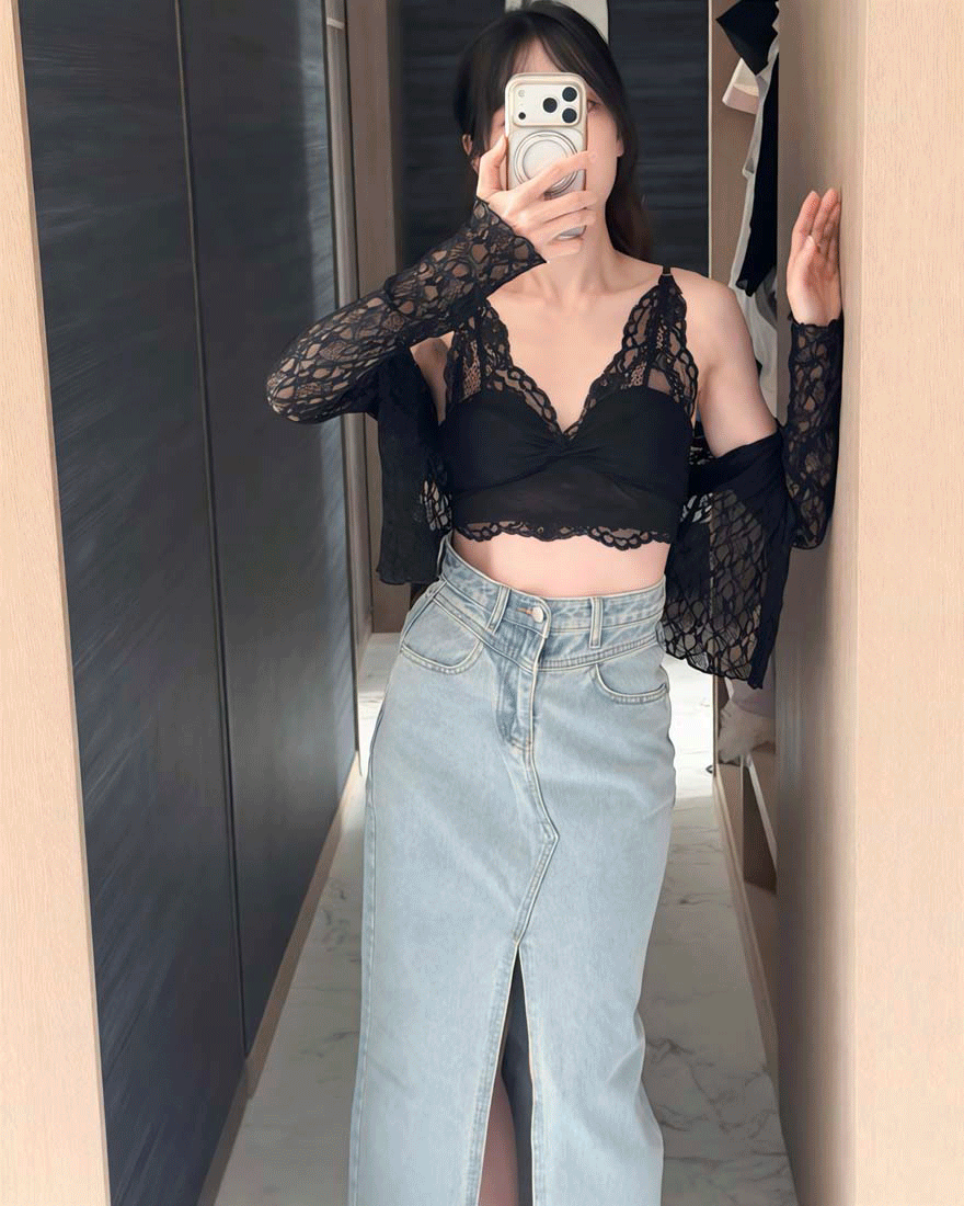LINA LINA法式巧思網紗蕾絲細肩帶BRA TOP-夜幕黑
