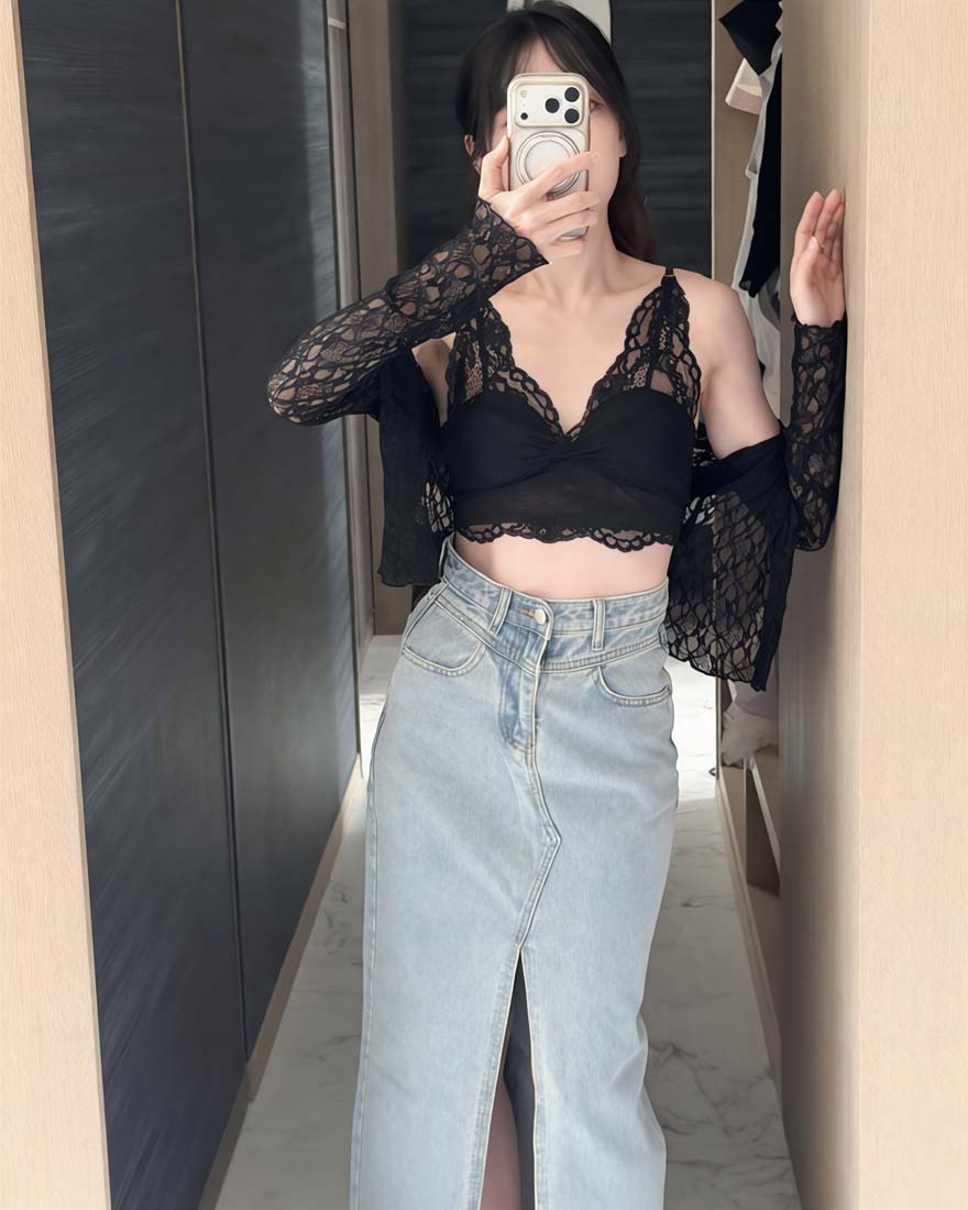 LINA LINA法式巧思網紗蕾絲細肩帶BRA TOP-夜幕黑