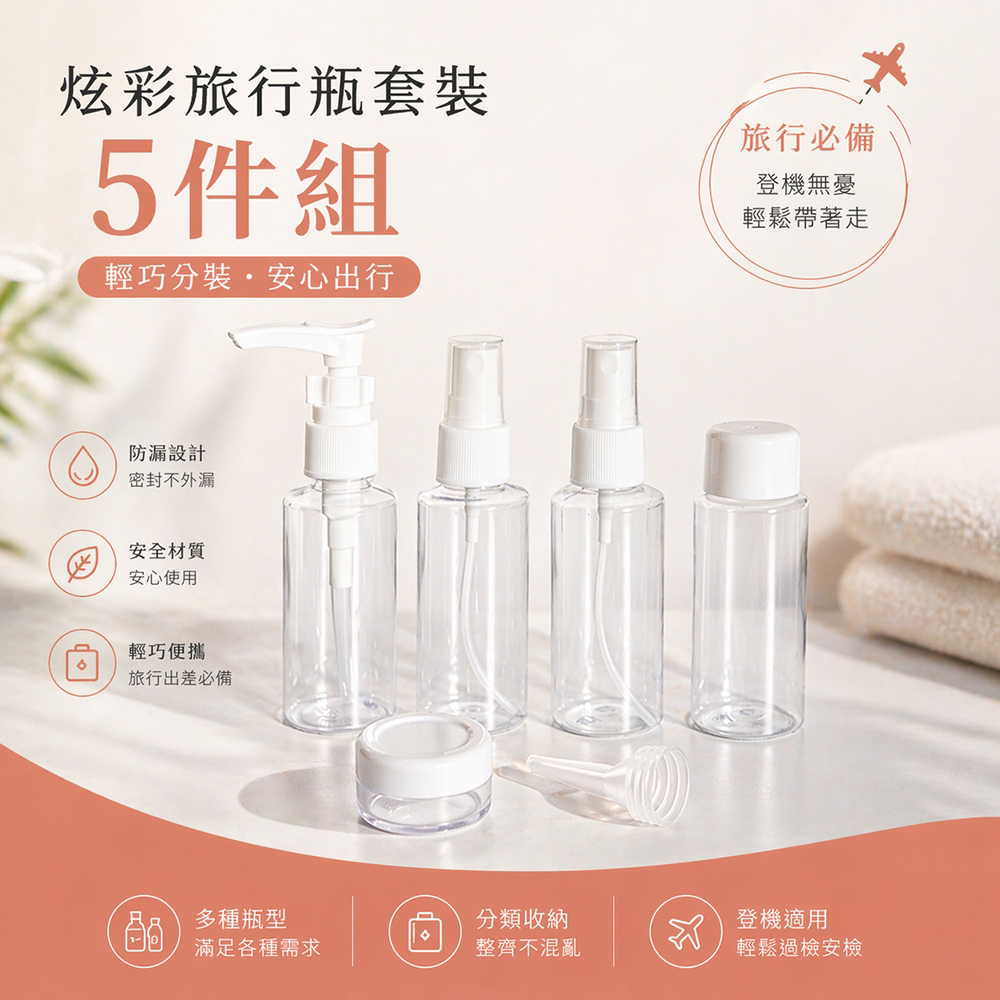 炫彩旅行瓶套裝5件組
