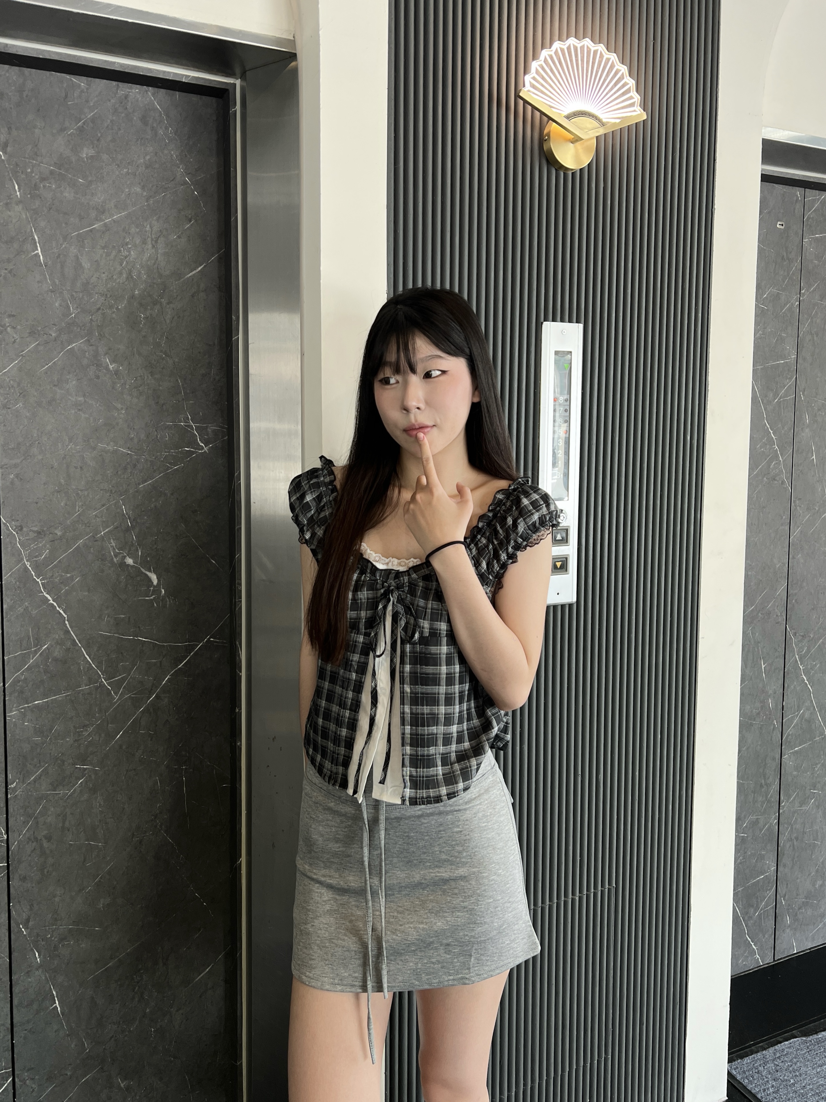 學院風蕾絲假兩件格紋上衣
