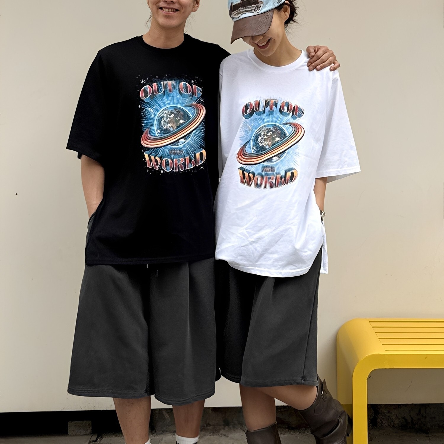 石磨灰百慕達短褲情侶星球印花上衣穿搭 THankus