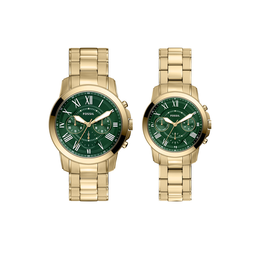 Grant 經典圓形金殼綠面羅馬字三眼對錶禮盒組 金色不鏽鋼錶帶 42 MM FS6201SET
