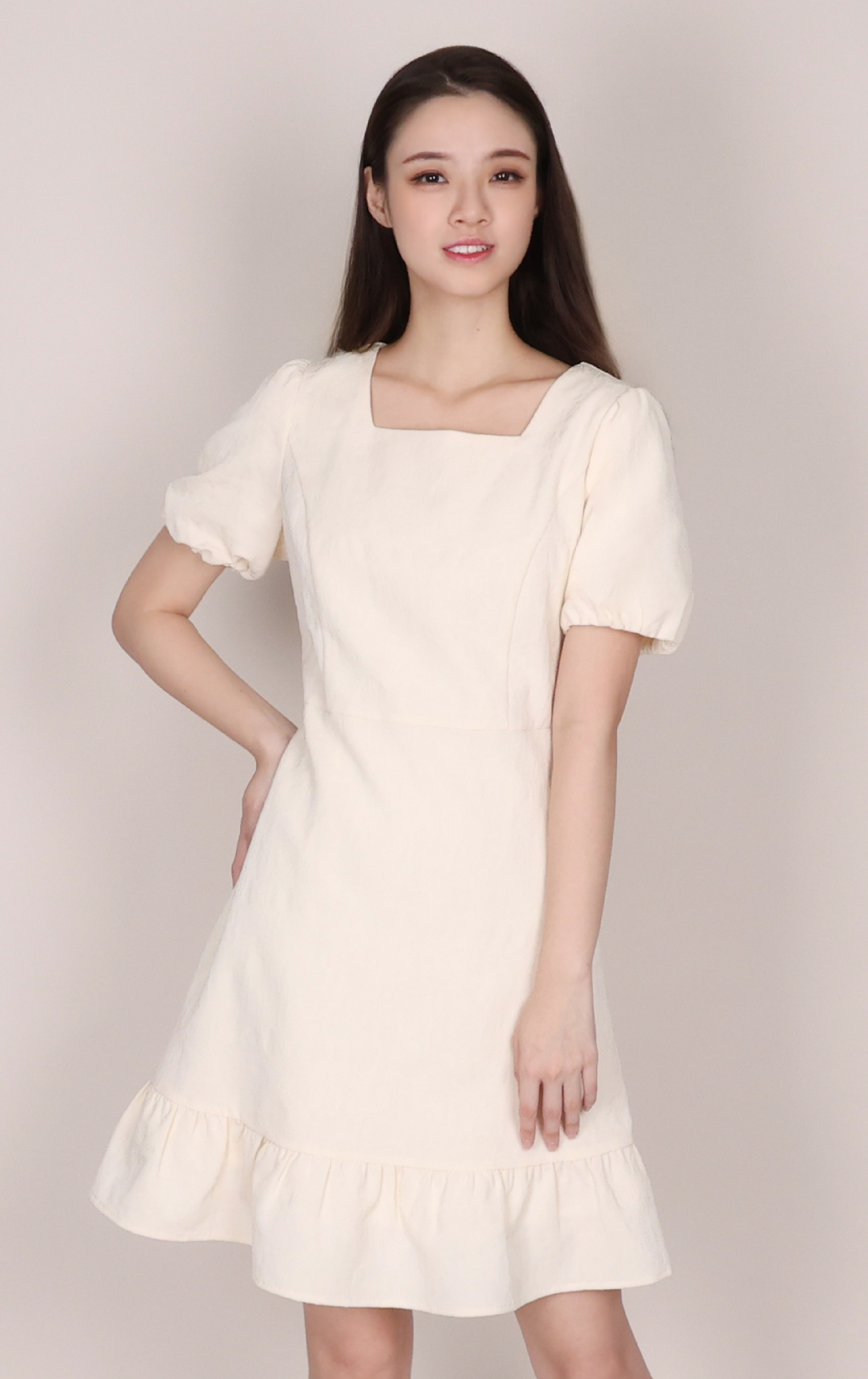 Textured Puff Sleeve Square Neck Dress OP0666