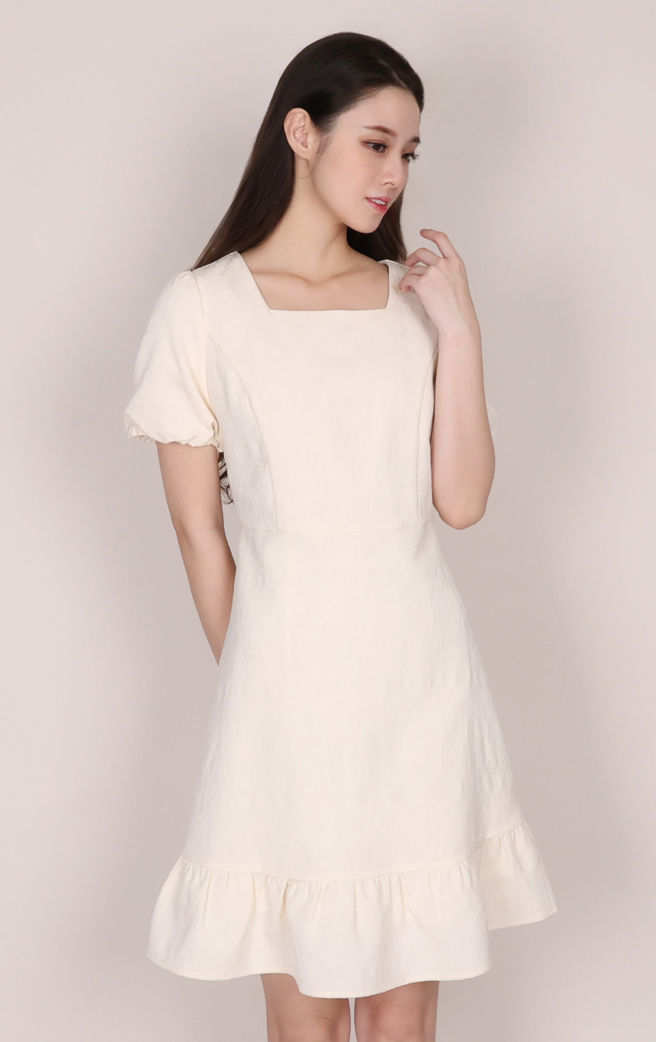Textured Puff Sleeve Square Neck Dress OP0666